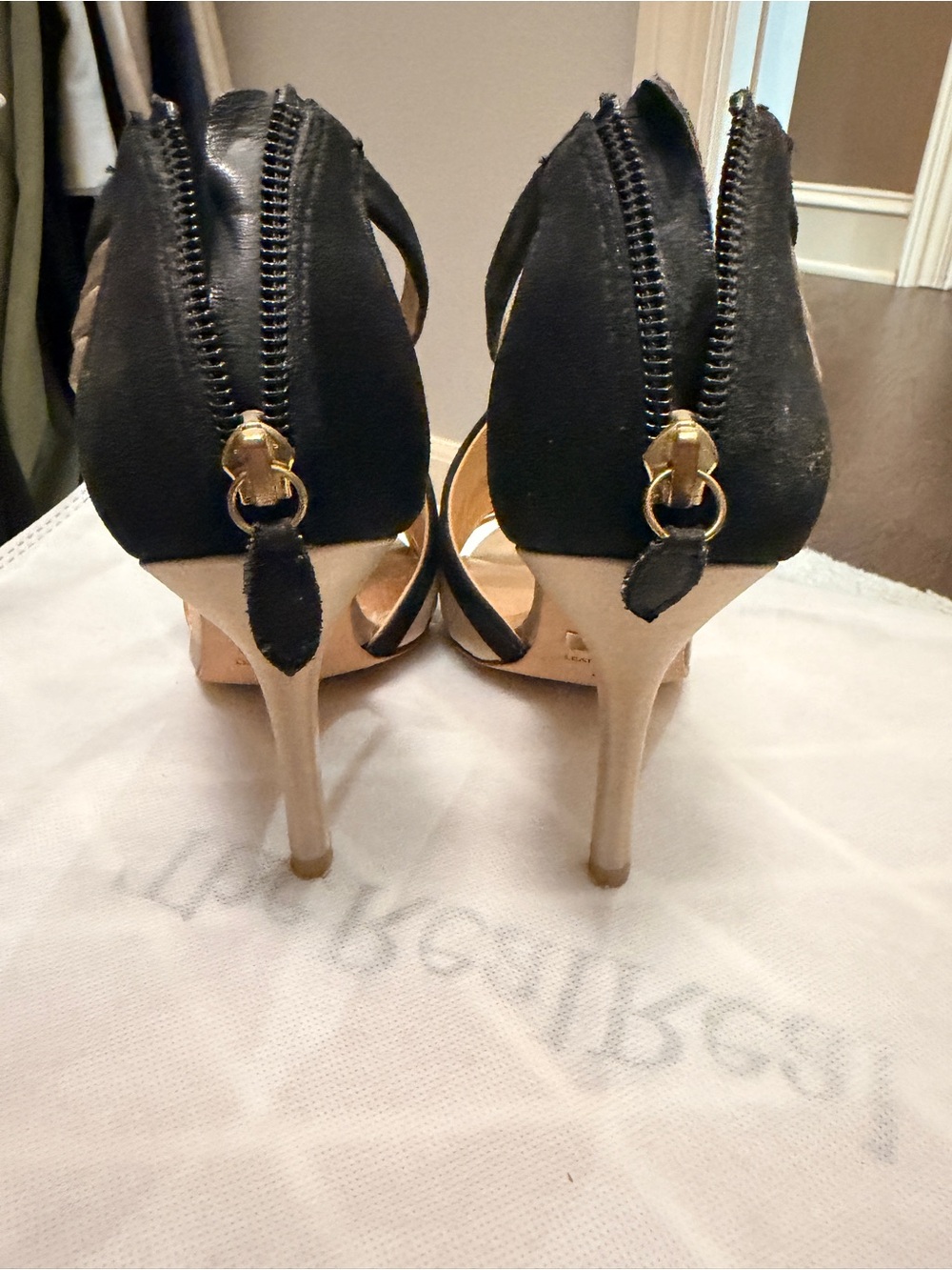 Badgley Mischka Metallic Gold and Black Satin Crisscross High Heels - Picture 5 of 5